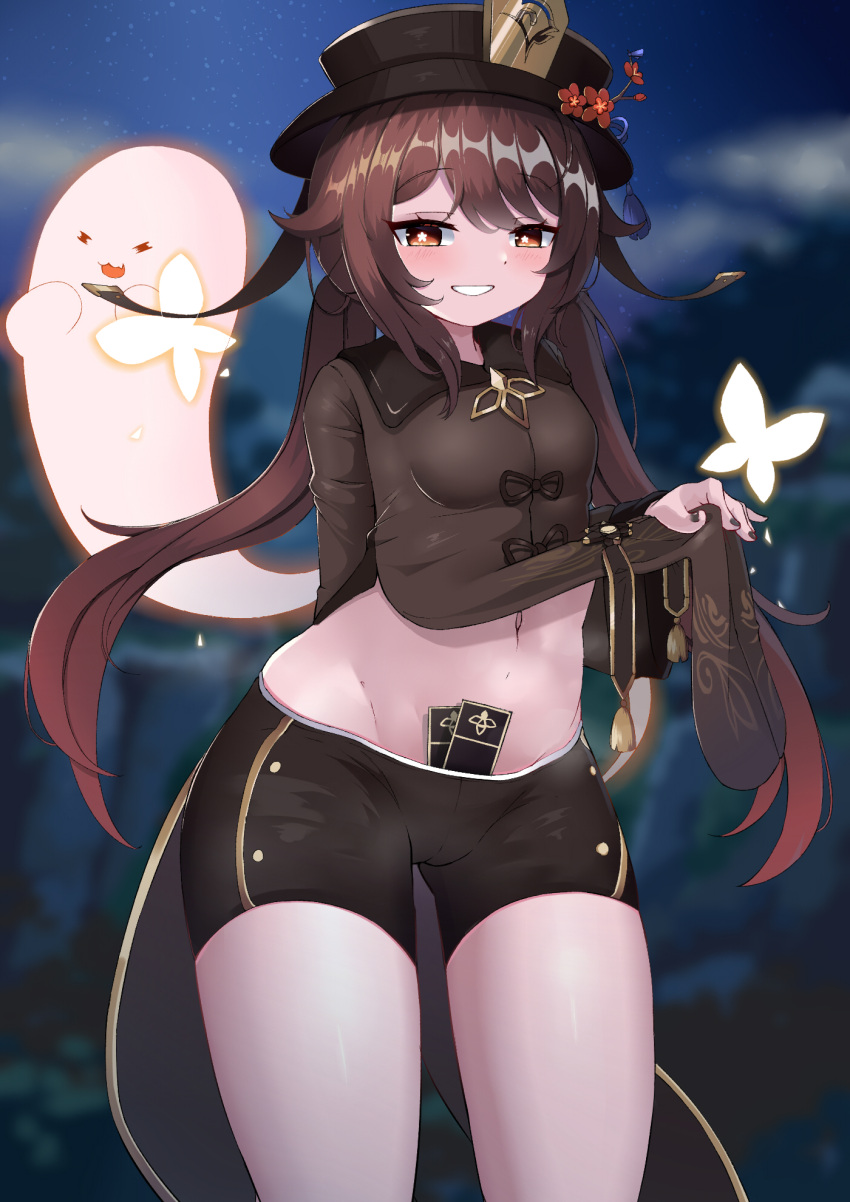 1girl :d absurdly_long_hair ahoge bangs black_nails black_shorts blurry brown_hair bug butterfly chinese_clothes clothes_lift commentary_request coupon depth_of_field eyebrows_visible_through_hair flower genshin_impact ghost grin groin hair_between_eyes hat hat_flower hat_ornament highres hu_tao_(genshin_impact) insect leaning_forward lifted_by_self long_hair long_sleeves looking_at_viewer lucifina_006 midriff navel open_mouth paper red_eyes shorts sidelocks smile symbol-shaped_pupils twintails very_long_hair