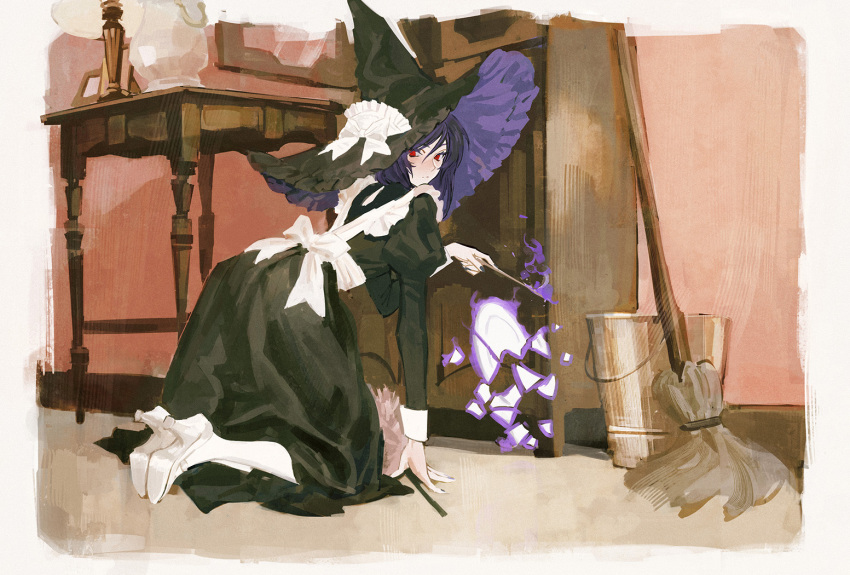 1girl alternate_costume bangs black_dress bucket desk_lamp dress feather_duster genderswap genderswap_(mtf) gundam gundam_00 high_heels holding holding_wand huangdanlan kneeling lamp long_hair long_sleeves magic maid mop purple_hair red_eyes solo table tieria_erde wand white_footwear