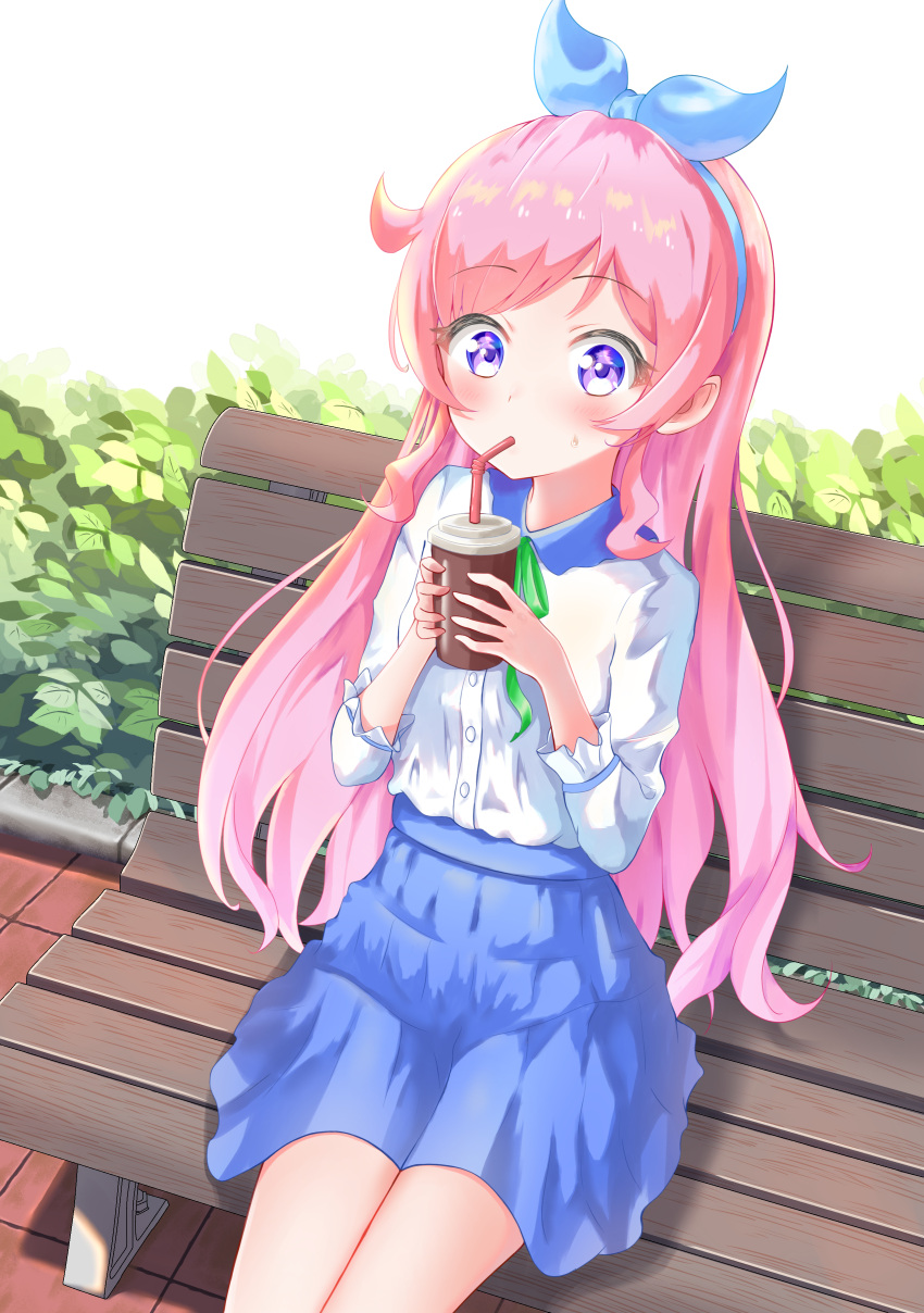 1girl absurdres bangs bench blue_skirt blush bush collared_shirt commentary_request drink drinking_straw_in_mouth eyebrows_visible_through_hair foliage green_ribbon hair_down headband highres holding holding_drink kiratto_pri_chan long_hair long_sleeves momoyama_mirai neck_ribbon orange0150 outdoors pink_hair pretty_(series) ribbon shirt shirt_tucked_in sidelocks sitting skirt solo violet_eyes white_background white_shirt