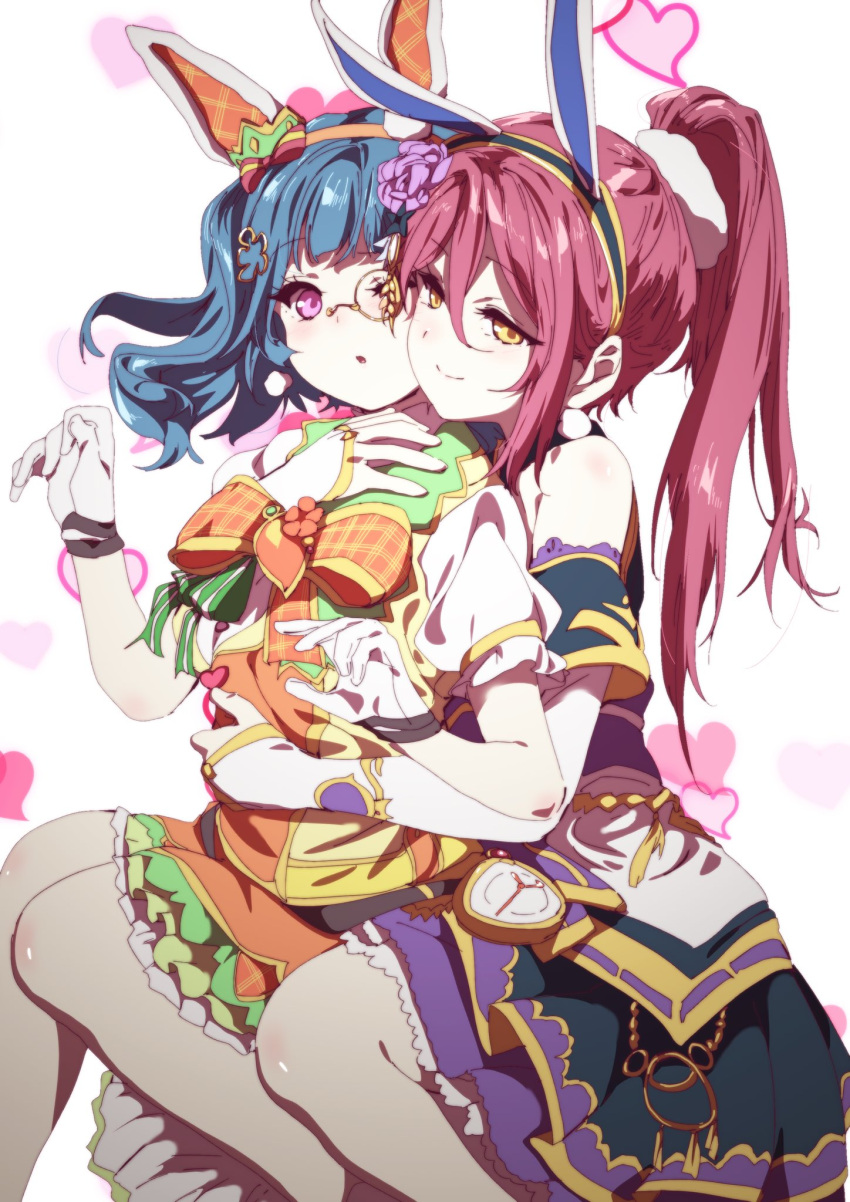 alternate_costume alternate_hairstyle animal_ears bangs bare_shoulders blue_hair ecoman gloves hair_ornament hairband highres hug hug_from_behind long_hair love_live! love_live!_sunshine!! monocle pocket_watch ponytail rabbit_ears red_eyes redhead ribbon sakurauchi_riko scrunchie short_sleeves skirt smirk tsushima_yoshiko watch yellow_eyes yuri