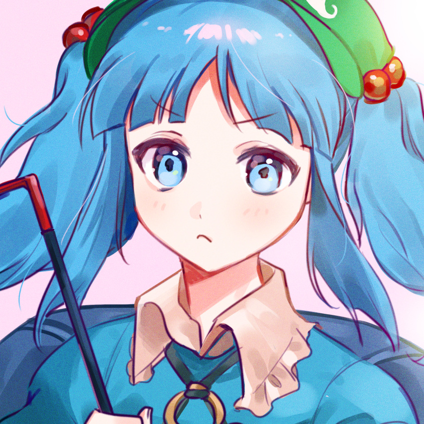 1girl bangs blue_dress blue_eyes blue_hair blue_sleeves blush closed_mouth collar dress eyebrows_visible_through_hair green_headwear hand_up hat highres holding kawashiro_nitori key key_necklace light long_hair looking_at_viewer mujiga pink_background short_sleeves simple_background solo touhou twintails upper_body white_collar