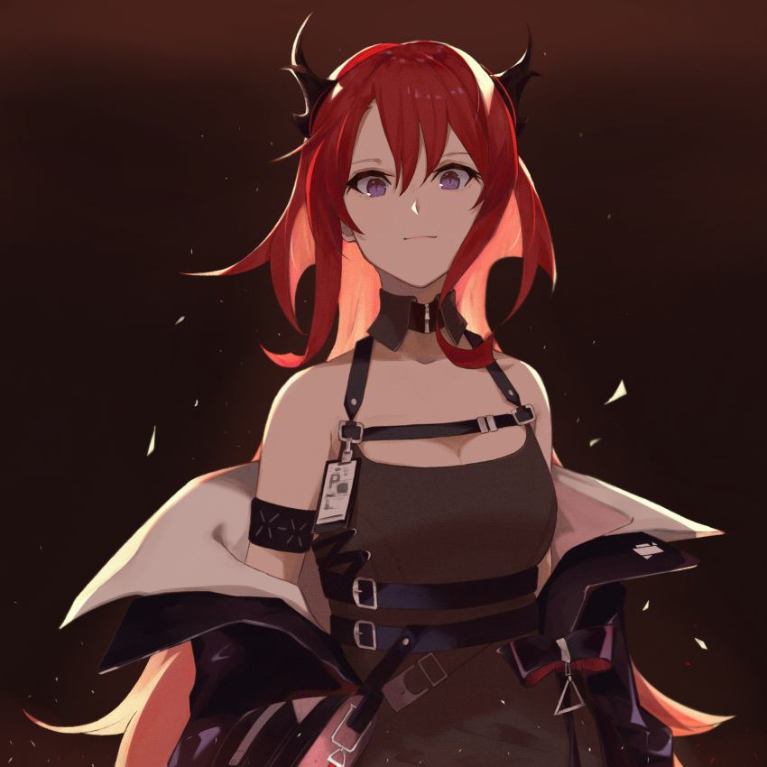 1girl arknights demon_girl demon_horns dress highres horns infection_monitor_(arknights) jacket long_hair looking_at_viewer looking_down off_shoulder redhead ririyuu surtr_(arknights) violet_eyes