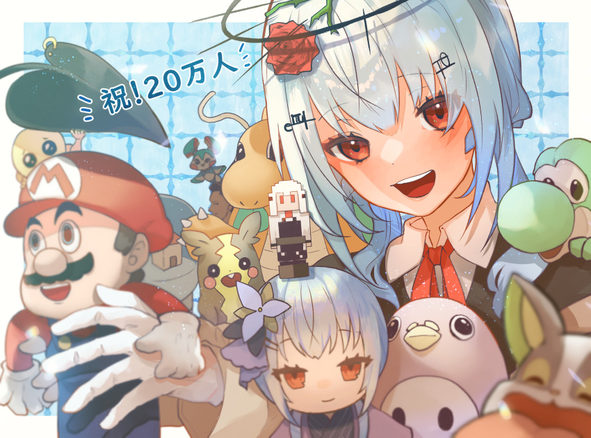 1girl bangs blue_hair brown_eyes character_request collared_shirt doll dragonite eyebrows_visible_through_hair flower gen_1_pokemon hair_flower hair_ornament hakase_fuyuki highres holding holding_doll karupisusawa leaf looking_at_viewer mario super_mario_bros. nijisanji pokemon red_flower red_neckwear red_rose rose shirt smile solo_focus virtual_youtuber white_shirt yoshi yugamin_(nijisanji)