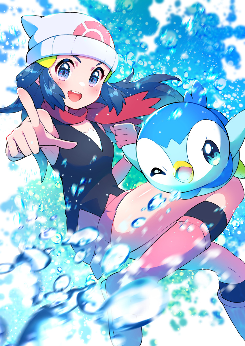 1girl :d absurdres beanie black_legwear blue_eyes blue_hair blurry blush boots clenched_hand commentary hikari_(pokemon) eyelashes floating_hair floating_scarf gen_4_pokemon hair_ornament hairclip hat highres long_hair looking_at_viewer open_mouth pink_footwear piplup pointing pokemon pokemon_(anime) pokemon_(creature) pokemon_dppt_(anime) pon_yui red_scarf scarf shiny shiny_skin sleeveless smile socks starter_pokemon tongue upper_teeth water water_drop white_headwear