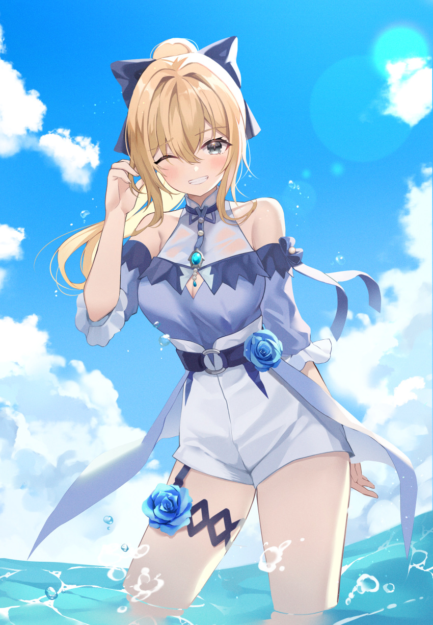 1girl absurdres aqua_eyes blonde_hair blue_flower blue_rose blue_sky churi_(oxxchurixxo) clenched_teeth clouds day eyebrows_visible_through_hair flower genshin_impact hair_between_eyes highres huge_filesize jean_(genshin_impact) jean_(sea_breeze_dandelion)_(genshin_impact) long_hair looking_at_viewer ocean official_alternate_costume one-piece_swimsuit outdoors partially_submerged ponytail rose sky smile solo swimsuit teeth