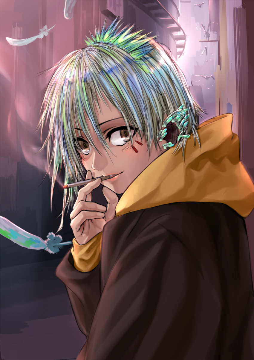 1girl angel animal_ears brown_eyes cigarette feathers green_hair highres holding holding_cigarette hood hood_down hoodie kirie_kairi looking_at_viewer multicolored_hair original parted_lips smile smoke smoking solo