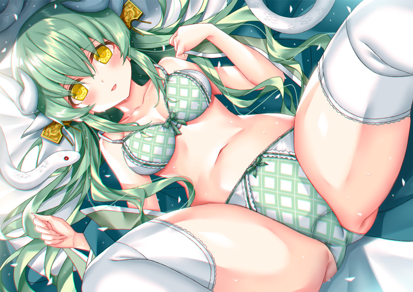 1girl bra breasts dragon_girl dragon_horns fate/grand_order fate_(series) green_bra green_hair green_panties horns kiyohime_(fate) large_breasts lingerie morizono_shiki multiple_horns panties snake solo thigh-highs underwear underwear_only white_legwear yellow_eyes