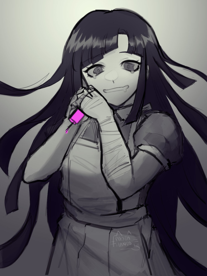 1girl apron artist_logo artist_name bandaged_arm bandaged_hand bandages bangs black_hair commentary dangan_ronpa_(series) dangan_ronpa_2:_goodbye_despair drooling eyebrows_visible_through_hair gradient gradient_background grey_background greyscale hands_up highres holding holding_syringe long_hair looking_at_viewer monochrome pastahands puffy_short_sleeves puffy_sleeves short_sleeves smile solo syringe tsumiki_mikan