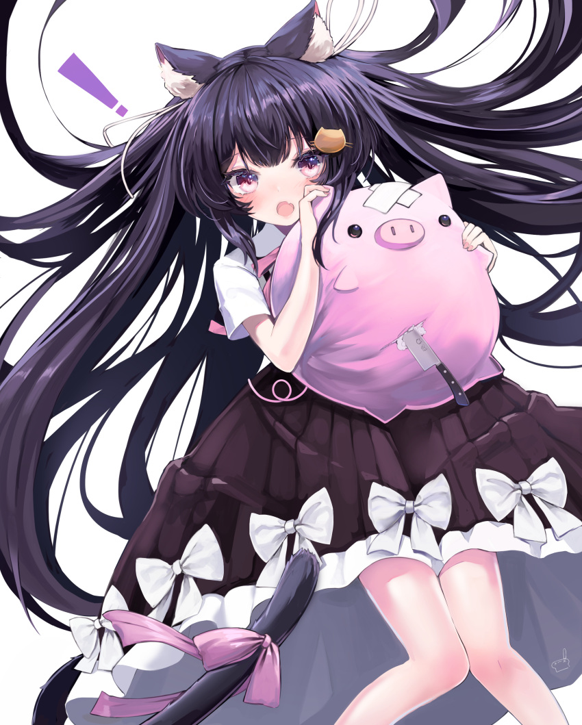 ! 1girl absurdres animal_ear_fluff animal_ears bangs black_hair black_skirt blush bow cat_ears cat_girl cat_hair_ornament cat_tail collared_shirt commentary crossed_bandaids eyebrows_visible_through_hair fang hair_ornament hair_ribbon highres knife long_hair looking_at_viewer open_mouth pink_bow pleated_skirt red_eyes reikira reikira!_(channel) retorillo ribbon shirt short_sleeves simple_background skirt solo stuffed_animal stuffed_pig stuffed_toy stuffing tail tail_bow tail_ornament very_long_hair virtual_youtuber white_background white_bow white_ribbon white_shirt