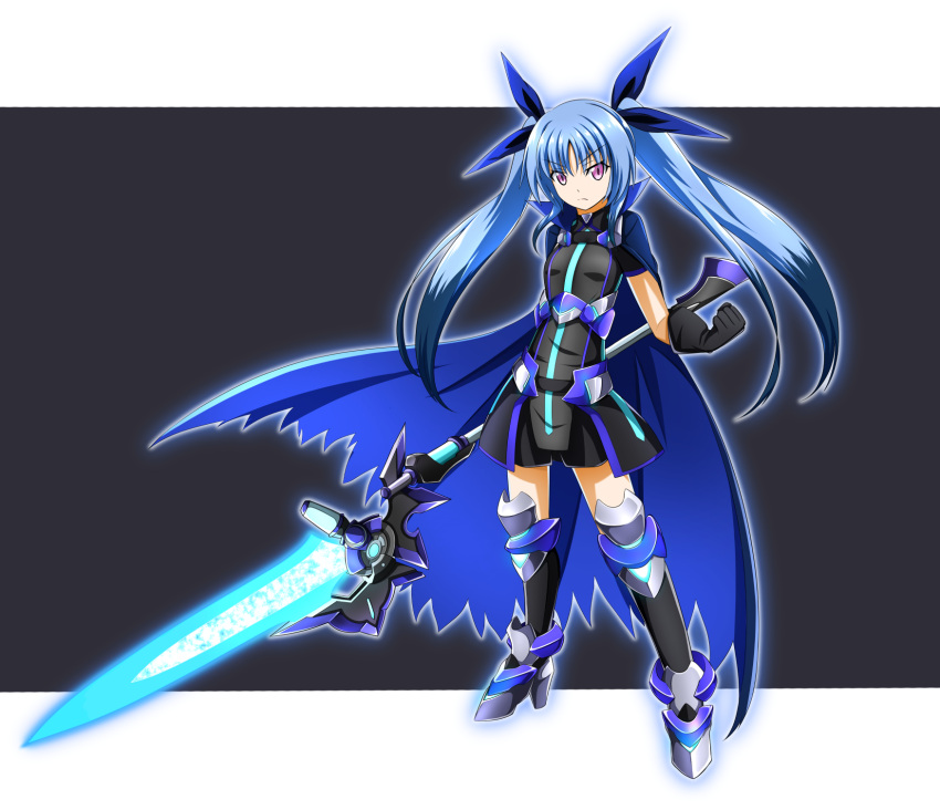 1girl black_gloves black_shirt black_shorts blue_cape blue_hair blue_ribbon cape clenched_hand closed_mouth commentary_request eyebrows_visible_through_hair frown gloves greaves grey_footwear hair_ribbon highres holding holding_weapon letterboxed long_hair looking_at_viewer lyrical_nanoha magical_girl mahou_shoujo_lyrical_nanoha mahou_shoujo_lyrical_nanoha_reflection material-l oshimaru026 overskirt ribbon shirt short_sleeves shorts solo twintails violet_eyes vulnificus weapon