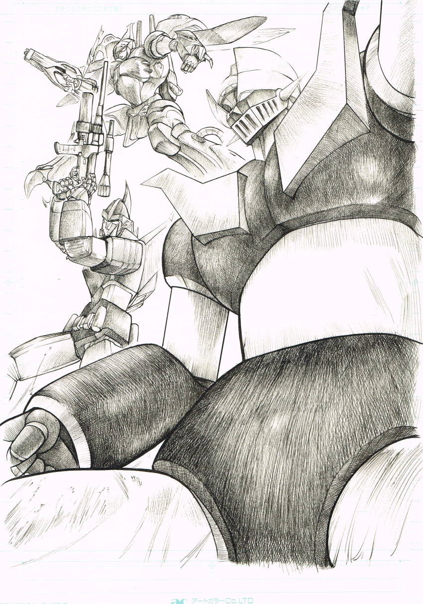 absurdres clenched_hand dunbine flying greyscale gun head_tilt highres holding holding_gun holding_weapon insect_wings looking_ahead looking_to_the_side mazinger_(series) mazinger_z mazinger_z_(mecha) mecha monochrome muteki_choujin_zambot_3 riderman_(sword-dream) seisenshi_dunbine super_robot weapon wings zambot_3