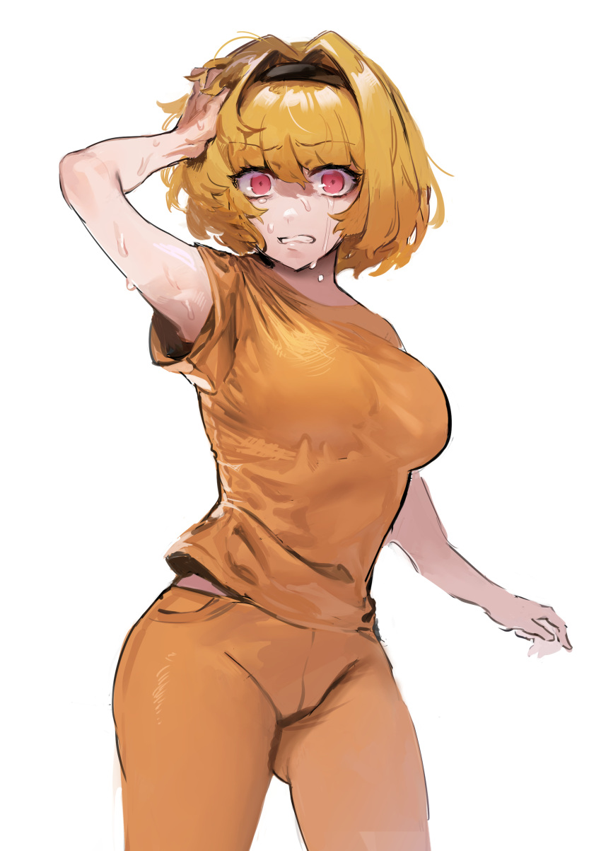 1girl absurdres angry blonde_hair clenched_teeth cowboy_shot crying crying_with_eyes_open eyebrows_visible_through_hair hair_intakes hand_on_own_head highres higurashi_no_naku_koro_ni houjou_satoko motida_(motidamtmt) orange_pants orange_shirt pants shirt simple_background solo tears teeth white_background