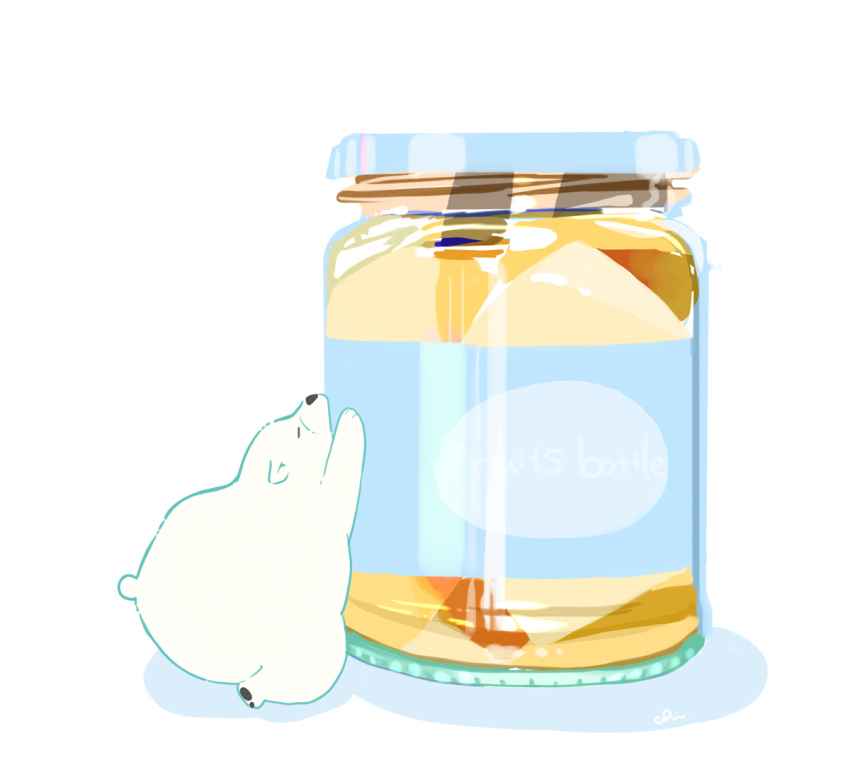 1other =_= bear chai closed_eyes commentary_request full_body jam jar label lid no_humans original oversized_object polar_bear profile shadow simple_background white_background white_fur