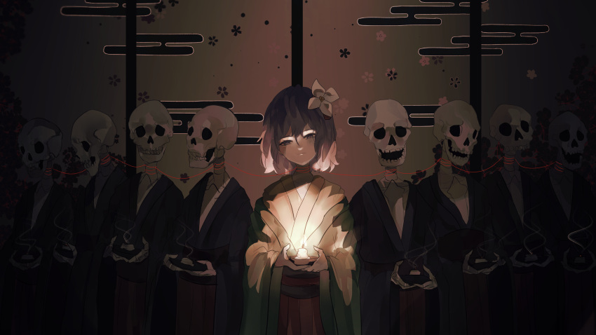 1girl 6+others bangs blue_kimono bob_cut bowl candle closed_mouth commentary death egasumi floral_print flower fusuma green_kimono hair_flower hair_ornament hair_ribbon hakama half-closed_eyes hieda_no_akyuu highres holding holding_bowl indoors japanese_clothes kimono layered_clothing layered_kimono long_sleeves looking_at_viewer multiple_others naufaldreamer purple_hair red_hakama red_ribbon red_skirt ribbon sash short_hair skeleton skirt sliding_doors smoke smoke_trail standing string string_of_fate touhou vignetting violet_eyes white_flower wide_sleeves