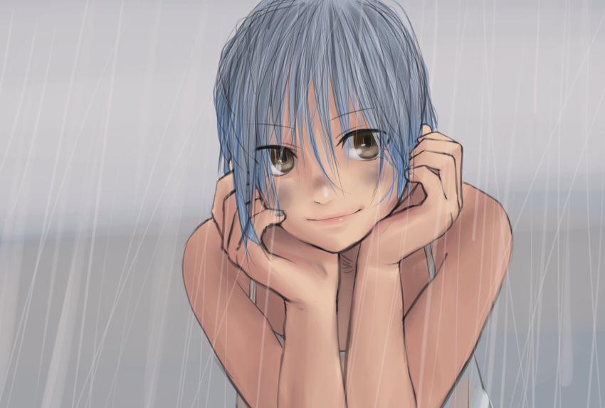 1girl arm_support blue_hair brown_eyes dirty dirty_face dress hands_up head_rest highres kirie_kairi looking_at_viewer original rain smile solo sundress upper_body wet wet_hair