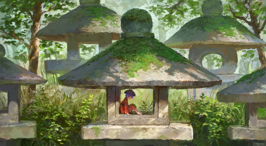 1girl barefoot blurry blurry_background bowl bowl_hat day fjsmu forest from_side hat highres japanese_clothes kimono knees_up leaning_forward minigirl moss nature outdoors purple_hair red_kimono short_hair sitting sleeping solo stone_lantern sukuna_shinmyoumaru touhou wide_shot