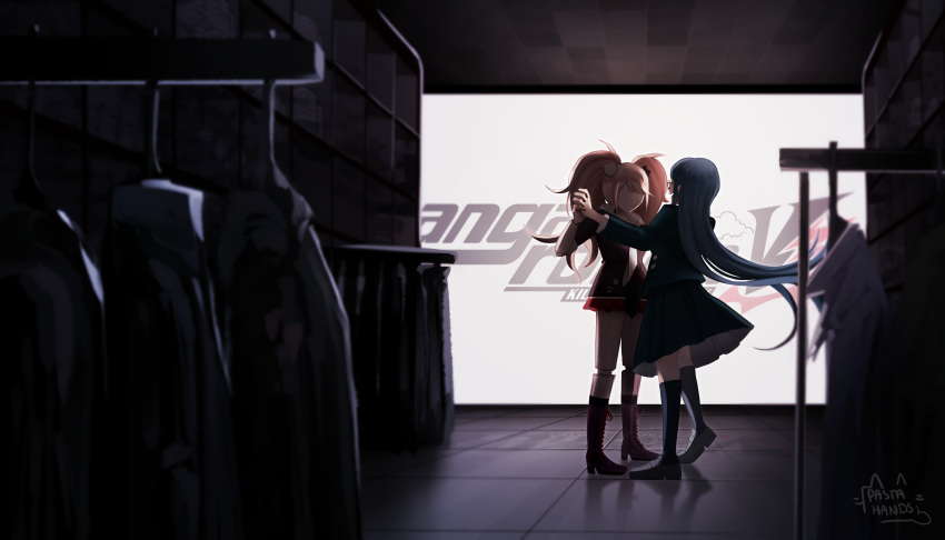 1girl :d absurdres bangs bear_hair_ornament black_footwear black_jacket black_legwear black_skirt blonde_hair blurry blurry_foreground boots clothes_removed commentary copyright_name dancing dangan_ronpa:_trigger_happy_havoc dangan_ronpa_(series) dangan_ronpa_v3:_killing_harmony enoshima_junko from_side glasses hair_ornament highres indoors jacket knee_boots long_hair long_sleeves monitor open_mouth pastahands puppet red_nails screen_light shirogane_tsumugi skirt smile solo standing tile_floor tiles