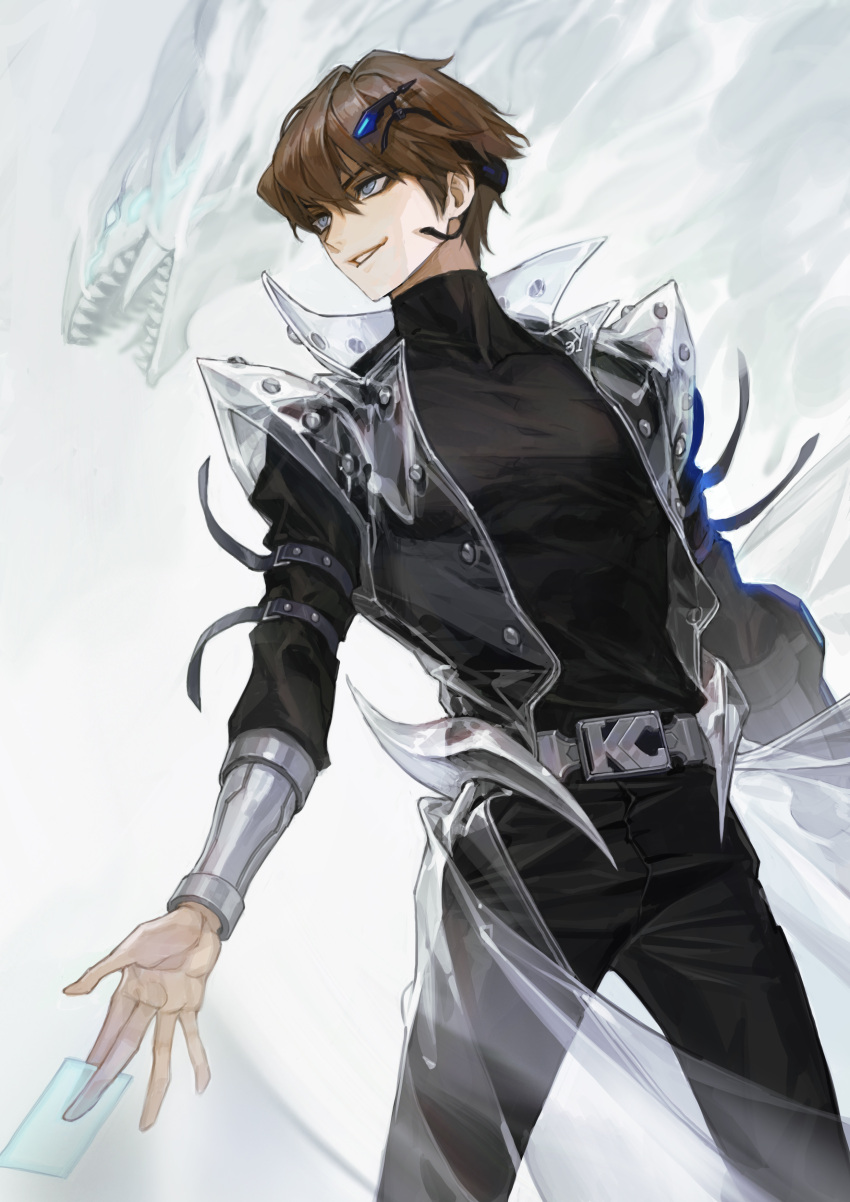 1boy absurdres alternate_costume arm_strap bangle black_pants black_shirt blue-eyes_white_dragon blue_eyes bracelet brown_hair card clothes_lift coat dragon duel_disk from_below grin headset high_collar highres holding holding_card jewelry kaiba_seto long_sleeves looking_to_the_side male_focus metal_belt outstretched_arms pants playing_card saber_beam shirt short_hair smile solo spread_arms translucent turtleneck white_background white_coat yu-gi-oh!