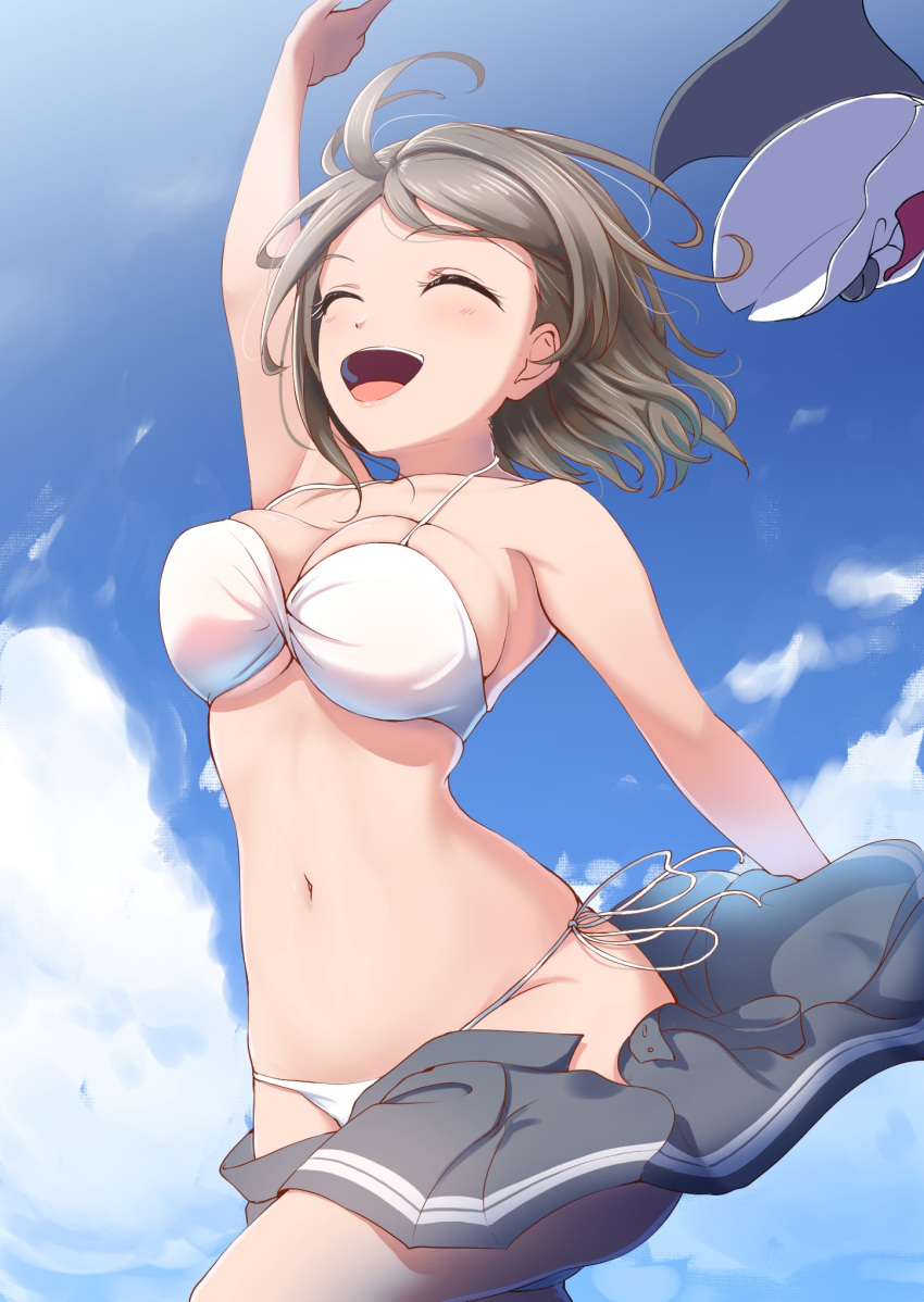 1girl :d amagi_(volfuji) arm_up bare_shoulders bikini blue_sky breasts brown_hair closed_eyes clouds collarbone commentary day grey_skirt highres love_live! love_live!_sunshine!! medium_breasts navel open_mouth outdoors pleated_skirt school_uniform shirt_removed short_hair side-tie_bikini skirt skirt_removed sky smile solo stomach string_bikini swimsuit undressing watanabe_you white_bikini