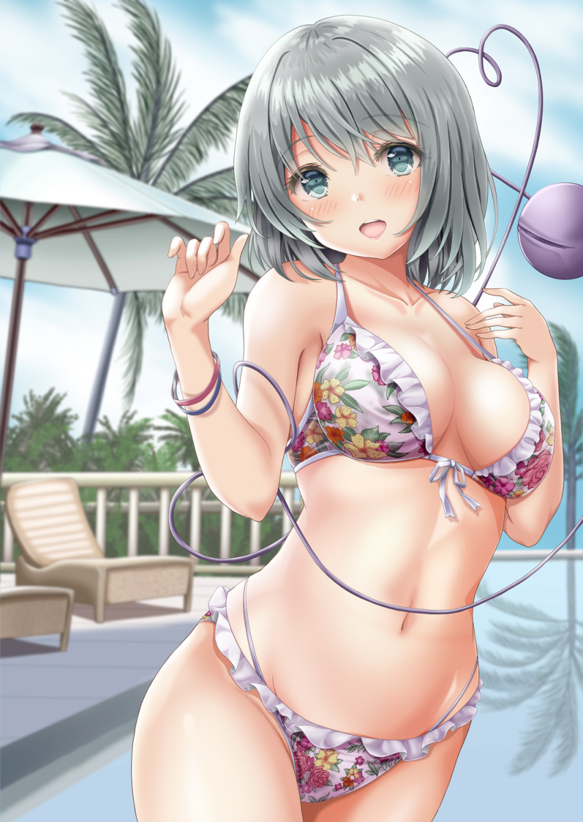 1girl :d akino_irori alternate_costume bangs bare_shoulders bikini blurry blurry_background blush bracelet breasts chair clouds cloudy_sky commentary_request cowboy_shot day eyeball eyebrows_visible_through_hair floral_print frills grey_eyes grey_hair hair_between_eyes hands_up heart heart_of_string highres jewelry komeiji_koishi large_breasts looking_at_viewer medium_hair navel no_hat no_headwear open_mouth outdoors pool reflection sky smile solo swimsuit third_eye touhou umbrella