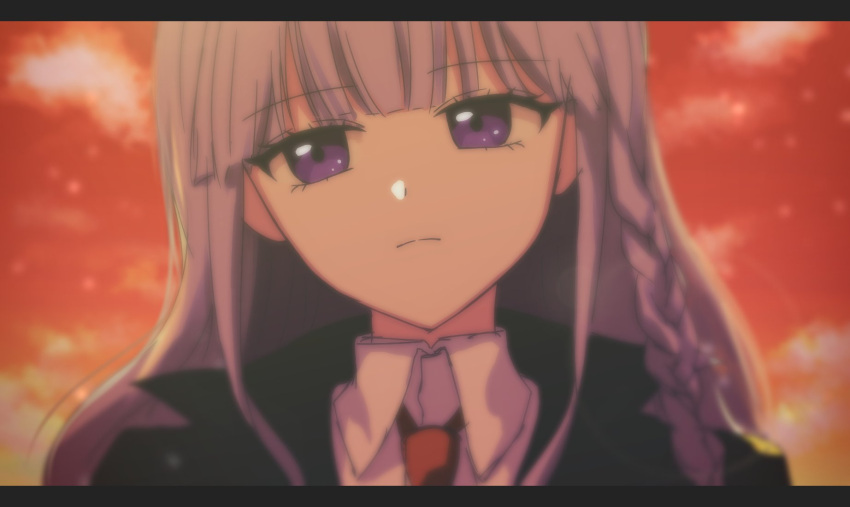 1girl bangs black_jacket blurry braid collared_shirt dangan_ronpa:_trigger_happy_havoc dangan_ronpa_(series) depth_of_field eyebrows_visible_through_hair frown highres jacket kirigiri_kyouko letterboxed long_hair looking_at_viewer necktie porary portrait purple_hair red_background sad shirt side_braid solo violet_eyes white_shirt