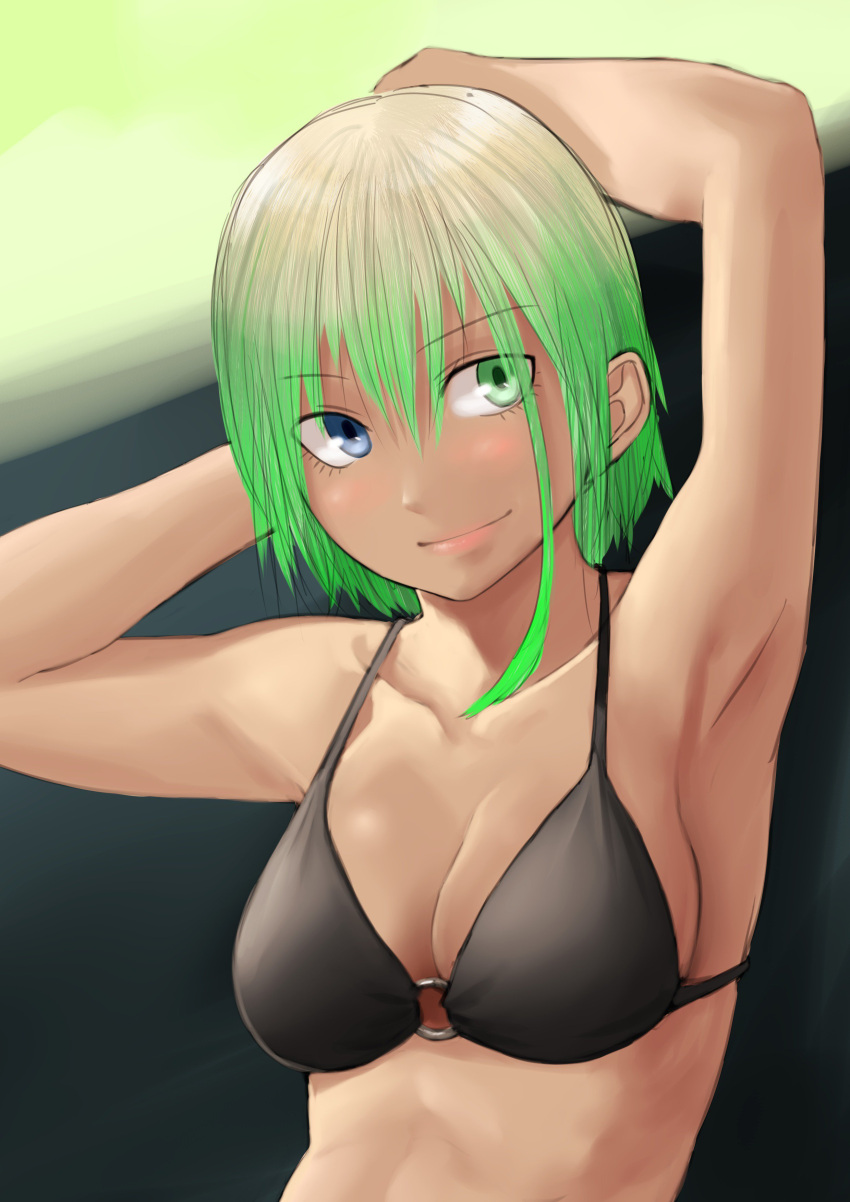 1girl absurdres armpits bikini black_bikini blue_eyes blush closed_mouth dark-skinned_female dark_skin green_eyes green_hair hands_up heterochromia highres kirie_kairi looking_at_viewer medium_hair o-ring o-ring_bikini original pink_nails smile solo swimsuit upper_body