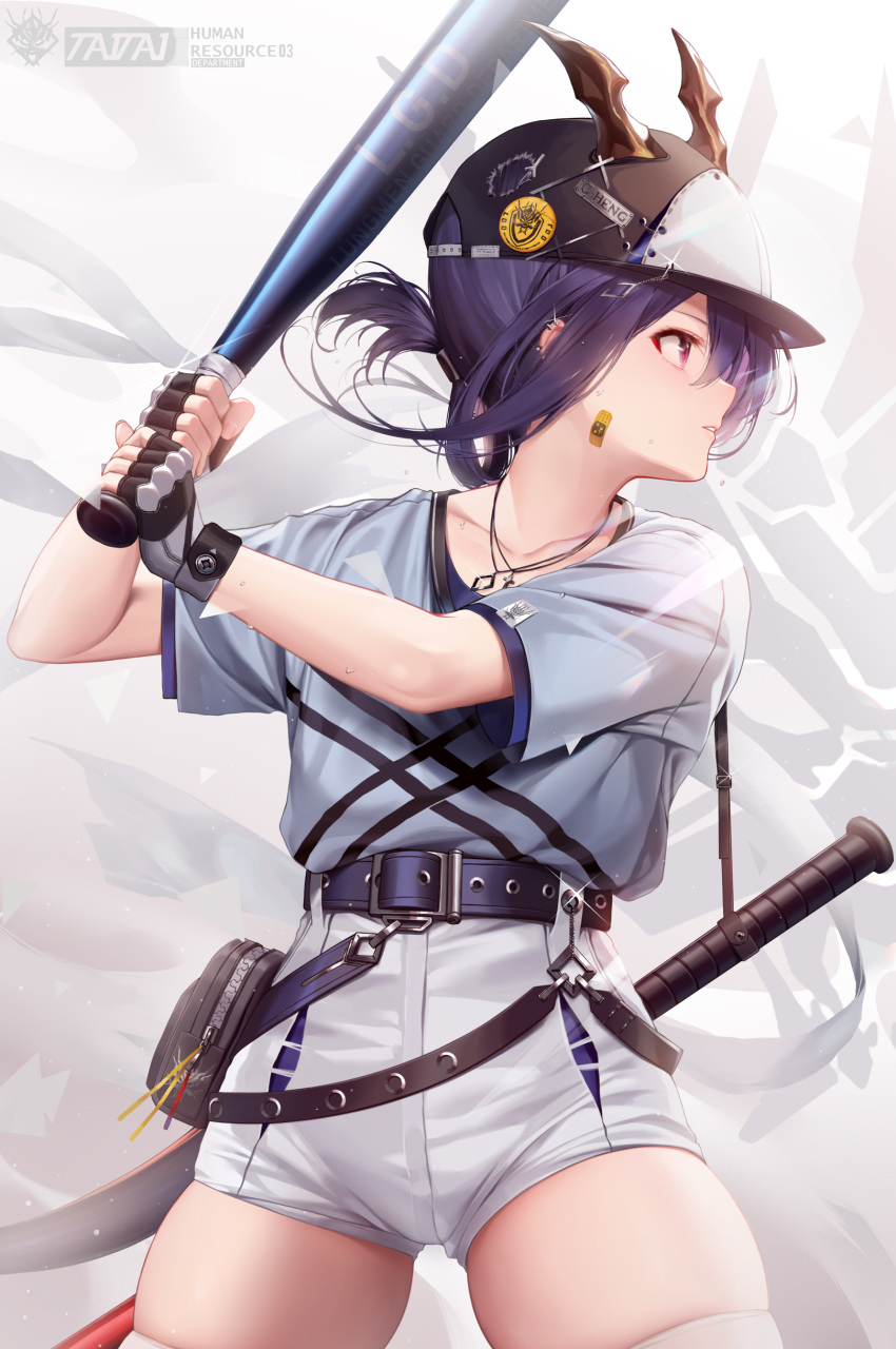 1girl absurdres arknights bandaid bandaid_on_face bangs baseball_bat baseball_cap belt blue_hair ch'en_(arknights) chinese_commentary collarbone commentary_request cowboy_shot dragon_horns dragon_tail facing_to_the_side fingerless_gloves folded_ponytail gloves grey_shirt hair_between_eyes hat highres holding horns jewelry long_hair looking_to_the_side necklace parted_lips piercing pouch red_eyes shirt shirt_tucked_in shorts sidelocks simple_background skindentation solo sportswear t-shirt tail taitai thigh-highs thighs uniform white_legwear white_shorts