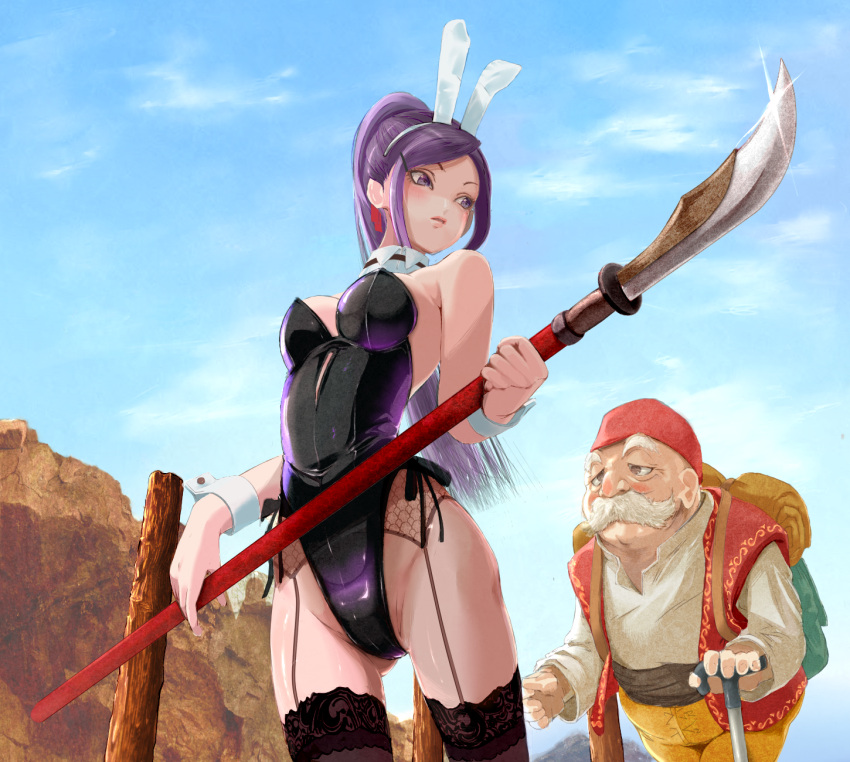 1boy 1girl animal_ears bare_shoulders blue_sky breasts cane closed_mouth collar dragon_quest dragon_quest_xi facial_hair garter_belt garter_straps groin hairband hat highleg highleg_leotard highres holding holding_polearm holding_weapon lace-trimmed_legwear lace_trim leotard martina_(dq11) mustache naginata old old_man outdoors playboy_bunny polearm ponytail purple_hair rabbit_ears rabbit_tail row_(dq11) shiny shiny_clothes sky strapless tail umeda_(yaranaika29) violet_eyes weapon