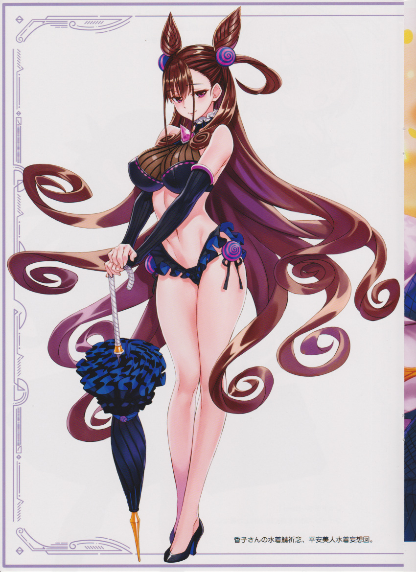 1girl absurdres bangs bare_shoulders bikini black_footwear breasts brown_hair closed_mouth eyebrows_visible_through_hair fate/grand_order fate_(series) frills full_body hair_ornament high_heels highres holding huge_filesize large_breasts lips long_hair looking_at_viewer matsuryuu murasaki_shikibu_(fate) murasaki_shikibu_(swimsuit_rider)_(fate) navel scan shiny shiny_hair simple_background solo standing stomach swimsuit thighs tied_hair umbrella violet_eyes white_background