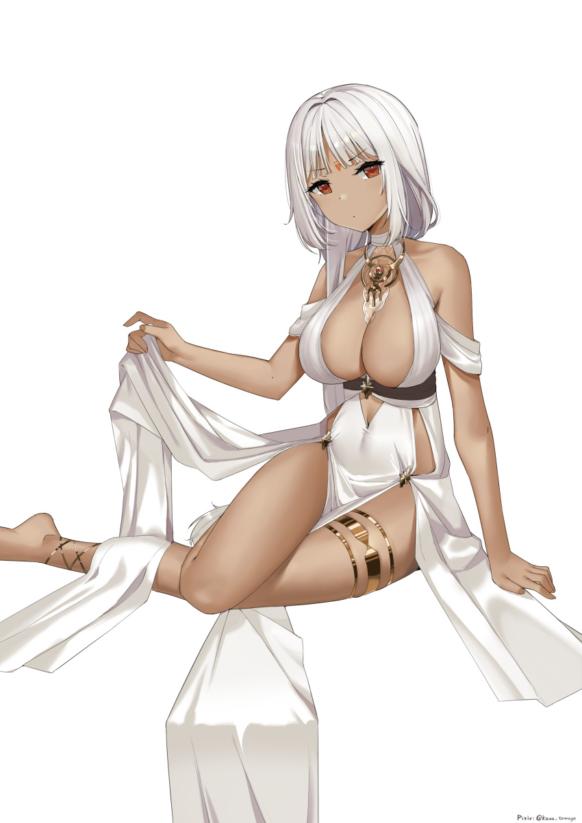 1girl absurdres artist_name azur_lane body_markings breasts center_opening cocktail_dress cutout_above_navel dress evening_gown facial_mark forehead_mark full_body gold_choker halter_dress halterneck highres kawa_tamago large_breasts long_hair massachusetts_(azur_lane) massachusetts_(dressed_to_impress)_(azur_lane) native_american official_alternate_costume red_eyes simple_background skirt_hold solo thighlet white_background white_hair