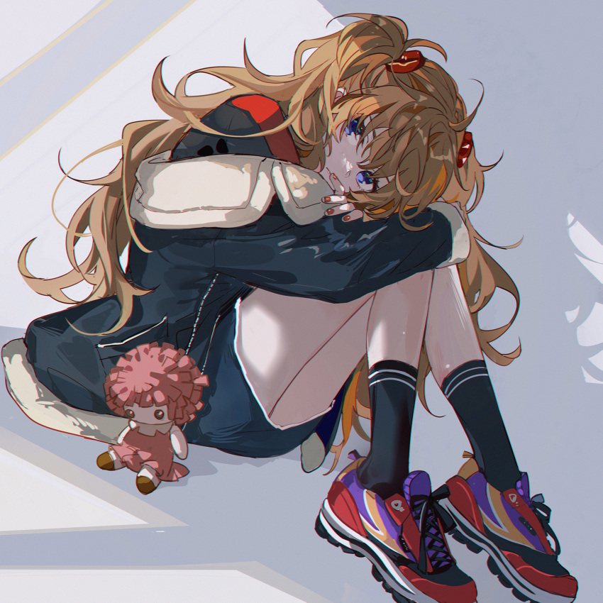 1girl blue_eyes doll hairpods highres jacket kanose knees_up long_hair looking_to_the_side nail_polish neon_genesis_evangelion orange_hair shoes sitting sneakers socks solo souryuu_asuka_langley tsundere white_background