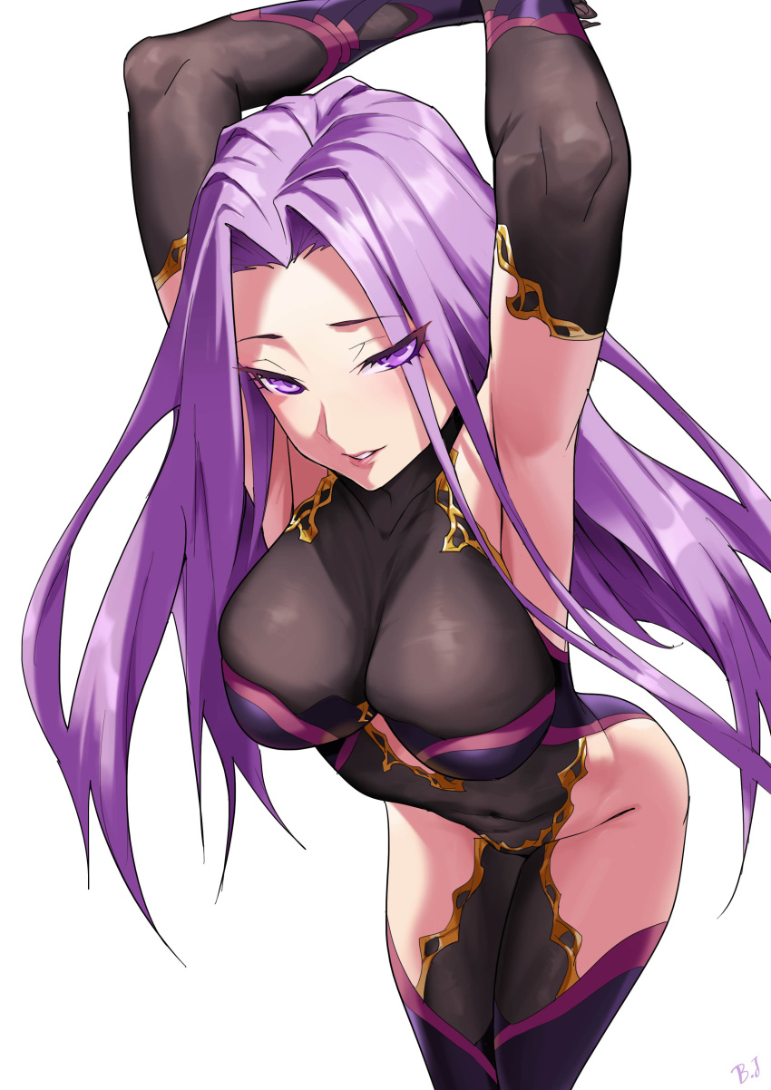 1girl absurdres armpits bleemjay breasts elbow_gloves fate/grand_order fate_(series) gloves highres large_breasts leotard long_hair looking_at_viewer medusa_(fate) medusa_(rider)_(fate) purple_hair simple_background solo violet_eyes white_background