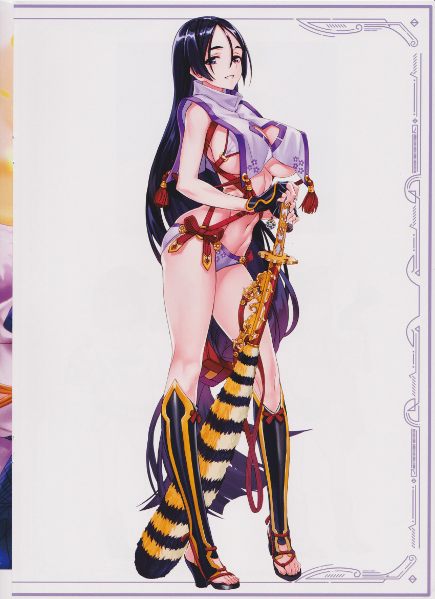1girl absurdres bangs bikini breasts clothing_cutout fate/grand_order fate_(series) fingerless_gloves full_body gloves hair_ornament high_heels highres holding huge_filesize katana large_breasts long_hair looking_at_viewer low-tied_long_hair matsuryuu minamoto_no_raikou_(fate) minamoto_no_raikou_(swimsuit_lancer)_(fate) navel parted_bangs purple_hair scan sheath sheathed shiny shiny_hair simple_background smile solo standing stomach swimsuit sword thighs toeless_footwear toes very_long_hair violet_eyes weapon white_background