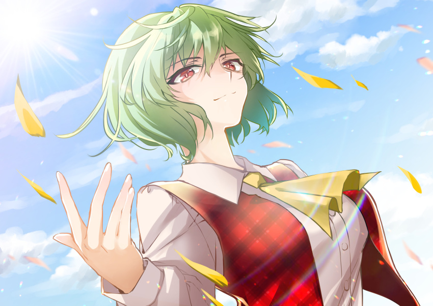 1girl absurdres ascot bangs blue_sky breasts closed_mouth clouds collared_shirt green_hair hair_between_eyes highres kazami_yuuka kinese_(katasutorohu) large_breasts long_sleeves looking_at_viewer outdoors plaid plaid_vest red_eyes red_vest shirt short_hair sky smile solo sun touhou upper_body vest white_shirt yellow_neckwear