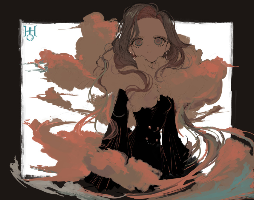 1girl black_border black_dress border brown_eyes closed_mouth clouds dress earrings expressionless frown jewelry long_hair long_sleeves looking_at_viewer narue original personification simple_background sketch solo wavy_hair white_background