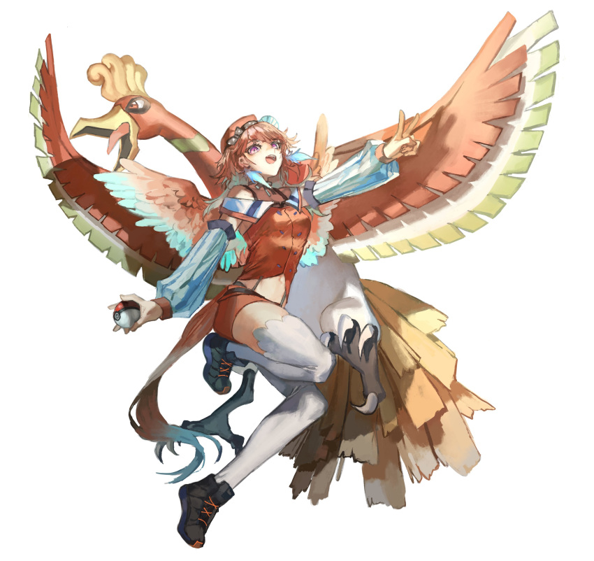 1girl absurdres aqua_hair bangs beret bird_tail bird_wings chef_hat colored_tips crossover detached_sleeves earrings feather_earrings feathers flying full_body gen_2_pokemon hat highres ho-oh holding holding_poke_ball hololive hololive_english jewelry legendary_pokemon midriff miniskirt multicolored multicolored_hair multicolored_tail multicolored_wings navel open_mouth orange_hair phoenix_wings pink_eyes poke_ball poke_ball_(basic) pokemon pokemon_(creature) pokemon_(game) quasarcake shadow shoes simple_background skirt sneakers streaked_hair suspender_skirt suspenders tail takanashi_kiara thigh-highs v virtual_youtuber white_background white_legwear wings
