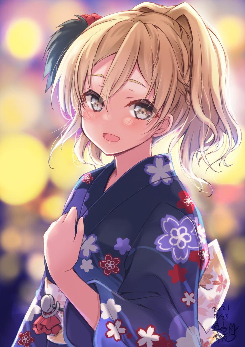 1girl absurdres artist_name black_kimono blonde_hair blush dated floral_print grey_eyes highres japanese_clothes kantai_collection kimono long_hair long_sleeves mashiro_yukiya obi open_mouth print_kimono sash signature smile solo wide_sleeves yukata zara_(kancolle)