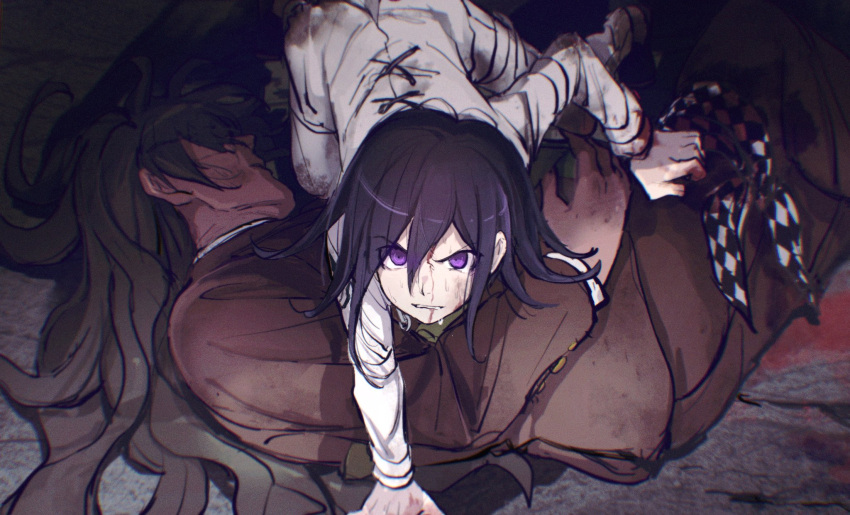 2boys arm_support bangs black_hair black_scarf blood blood_on_face bloody_clothes bloody_hands brown_hair brown_jacket brown_pants checkered checkered_scarf commentary_request corpse dangan_ronpa_(series) dangan_ronpa_v3:_killing_harmony death feet_out_of_frame gokuhara_gonta hair_between_eyes highres ichihara2929 jacket long_hair long_sleeves looking_at_viewer lying male_focus messy_hair multiple_boys on_side ouma_kokichi pants scarf scarf_removed shoes torn_jacket violet_eyes white_scarf