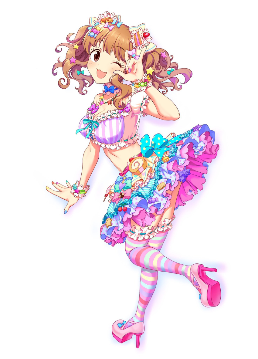 1girl :3 bikini brown_eyes brown_hair candy candy_hair_ornament food food-themed_hair_ornament frilled_bikini frilled_skirt frills hair_ornament hair_ribbon high_heels highres idolmaster idolmaster_cinderella_girls lolita_fashion moroboshi_kirari multicolored multicolored_clothes multicolored_legwear multicolored_nails multicolored_skirt one_eye_closed oregaihanboshi ribbon skirt sweet_lolita swimsuit thigh-highs twintails