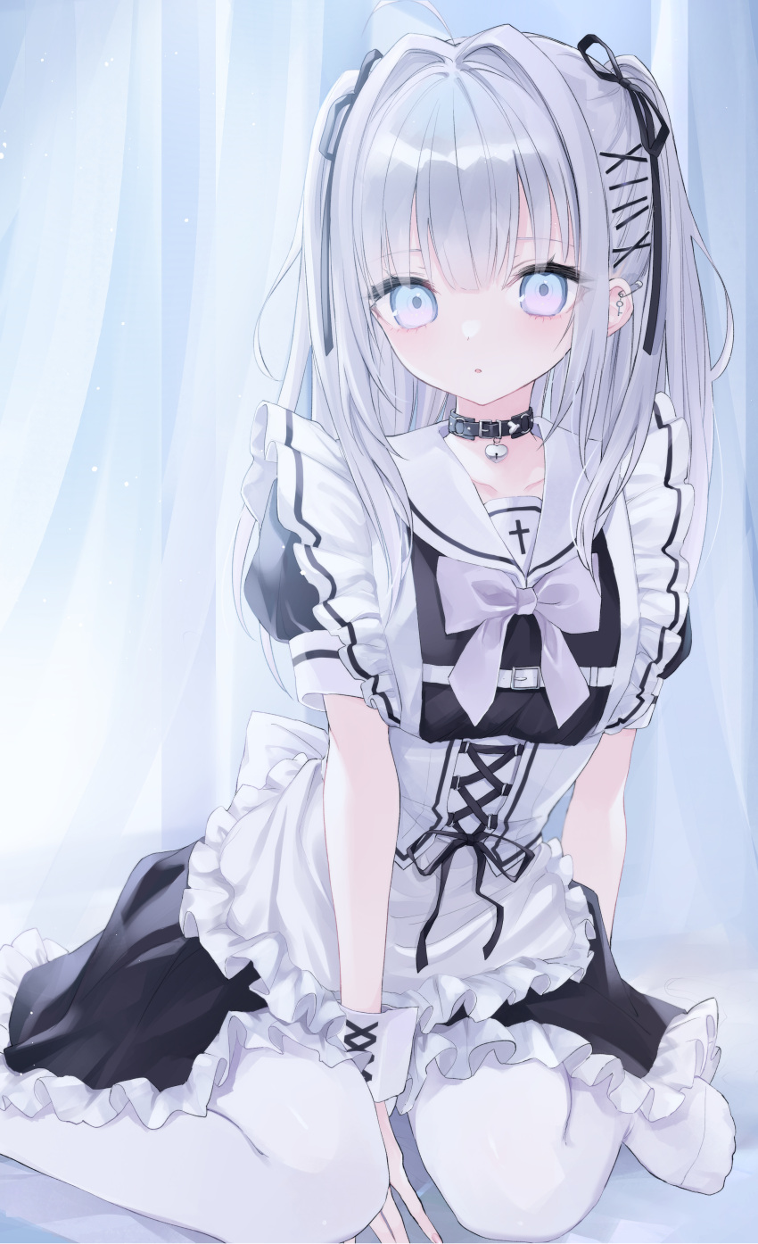 1girl absurdres arm_support between_legs black_choker black_ribbon blue_eyes bow choker collarbone ear_piercing eyebrows_visible_through_hair frills grey_hair hair_between_eyes hair_intakes hair_ornament hair_ribbon hand_between_legs highres long_hair looking_at_viewer maid no_shoes open_mouth original piercing ribbon sailor_collar short_sleeves si10ra sidelocks sitting solo thigh-highs tied_hair two_side_up wariza white_bow white_legwear