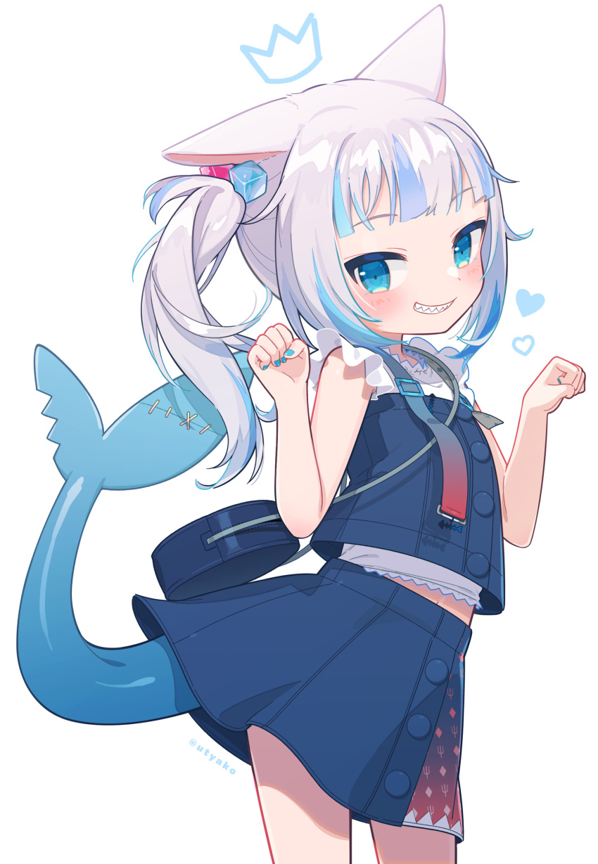 1girl animal_ears blue_eyes blue_hair blue_skirt blush cat_ears commentary_request fish_tail gawr_gura hair_ornament heart highres hololive hololive_english multicolored_hair paw_pose shark_tail sharp_teeth side_ponytail simple_background skirt smile solo tail teeth twitter_username two-tone_hair uchako virtual_youtuber white_background white_hair