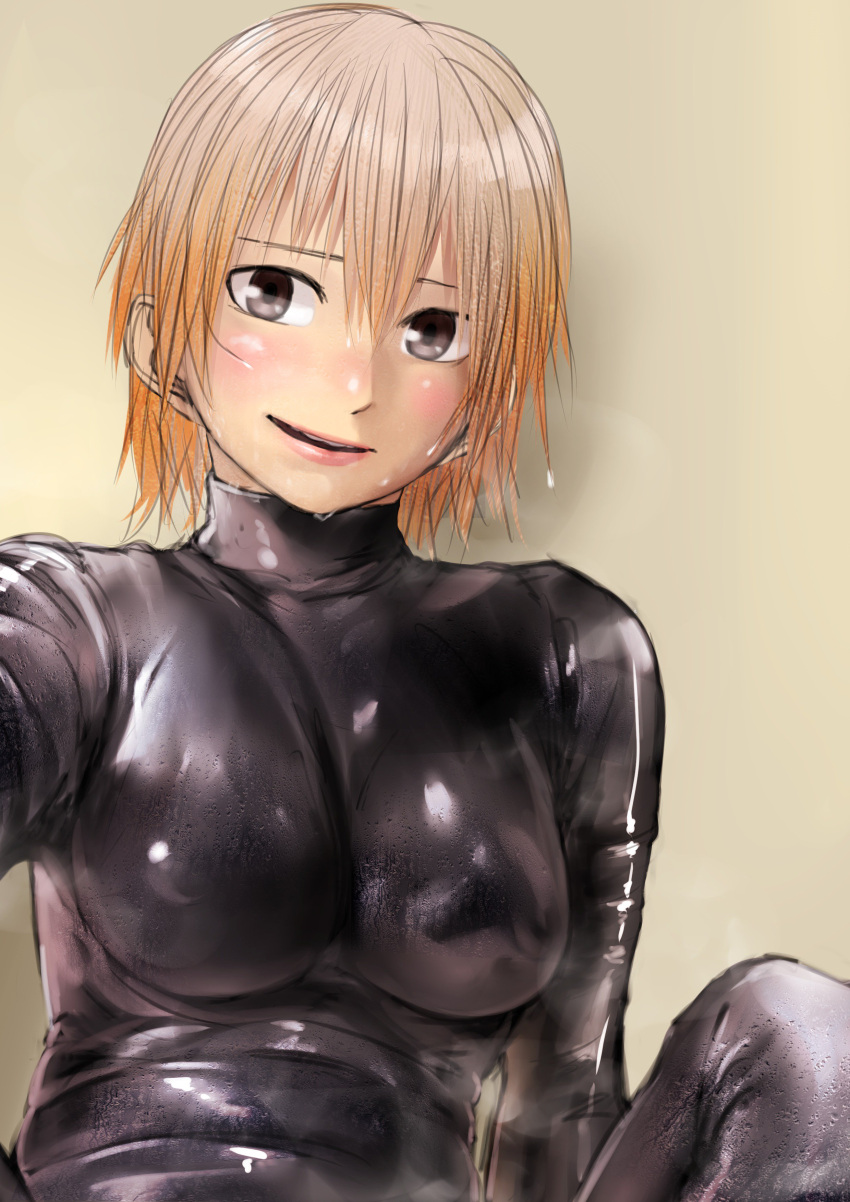 1girl :d absurdres black_eyes blonde_hair blush breasts highres kirie_kairi large_breasts latex_bodysuit looking_at_viewer open_mouth original pink_lips simple_background smile solo sweat upper_body wet wet_hair yellow_background