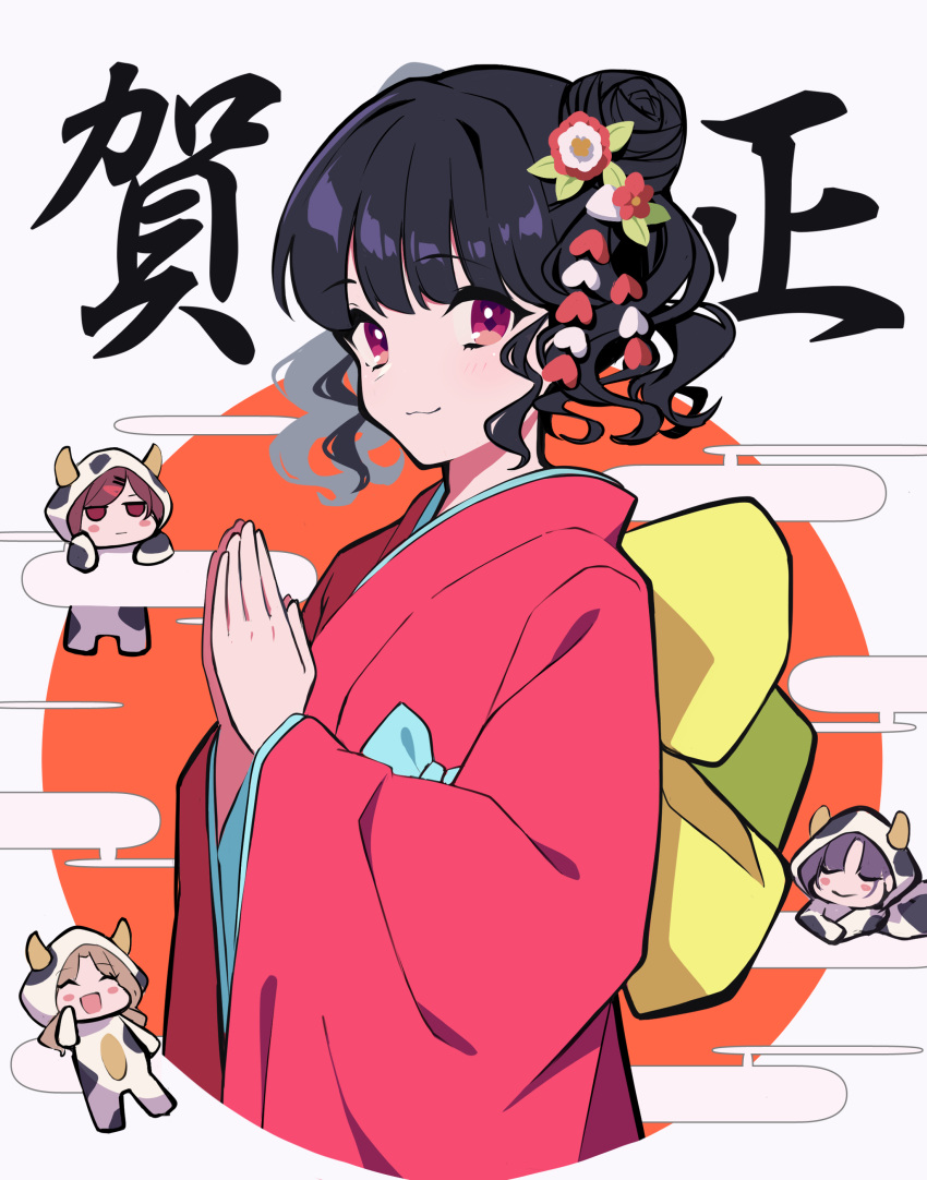 4girls absurdres animal_costume asakura_tooru back_bow bangs black_hair blue_kimono bow chibi circle closed_mouth commentary_request cow_costume double_bun eyebrows_visible_through_hair flower fukumaru_koito hair_flower hair_ornament hands_up highres higuchi_madoka ichikawa_hinana idolmaster idolmaster_shiny_colors japanese_clothes kimono long_hair looking_at_viewer multiple_girls new_year noctchill_(idolmaster) obi own_hands_together pink_kimono praying sash smile solo_focus translation_request uhouhogorigori violet_eyes