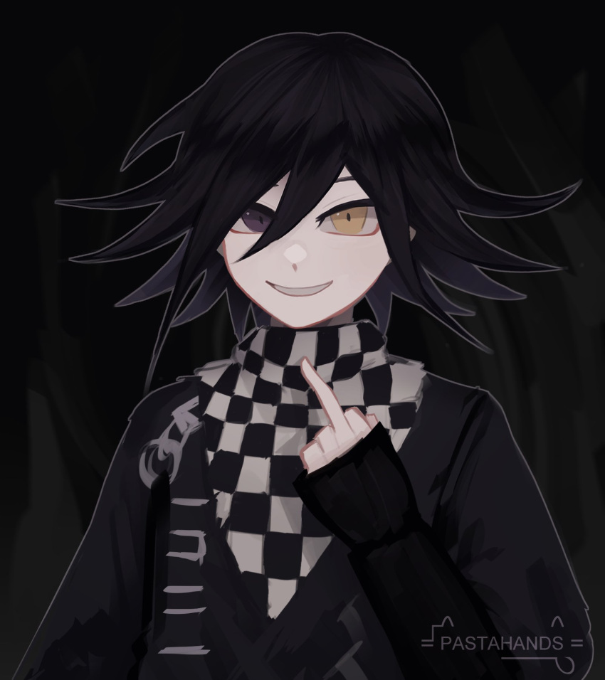 1boy alternate_costume alternate_eye_color bangs black_background black_eyes black_hair black_jacket brown_eyes checkered checkered_background commentary dangan_ronpa_(series) dangan_ronpa_v3:_killing_harmony flipped_hair grin hair_between_eyes heterochromia highres jacket long_sleeves looking_at_viewer male_focus medium_hair middle_finger ouma_kokichi pastahands scarf sleeves_past_wrists smile solo teeth upper_body