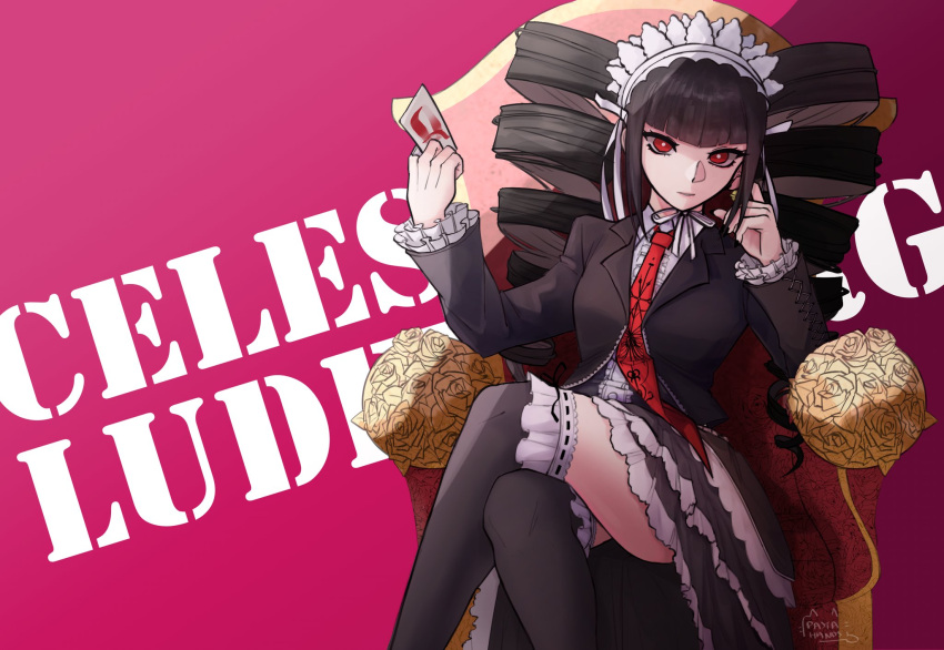 1girl artist_logo artist_name bangs black_hair black_jacket black_legwear black_nails blunt_bangs bonnet breasts card celestia_ludenberg center_frills character_name commentary dangan_ronpa:_trigger_happy_havoc dangan_ronpa_(series) drill_hair earrings feet_out_of_frame frilled_legwear frills gothic_lolita hands_up highres holding holding_card jacket jewelry layered_skirt lolita_fashion long_hair long_sleeves looking_at_viewer medium_breasts nail_polish necktie pastahands pink_background playing_card print_neckwear red_eyes red_neckwear shirt skirt solo thigh-highs twin_drills twintails