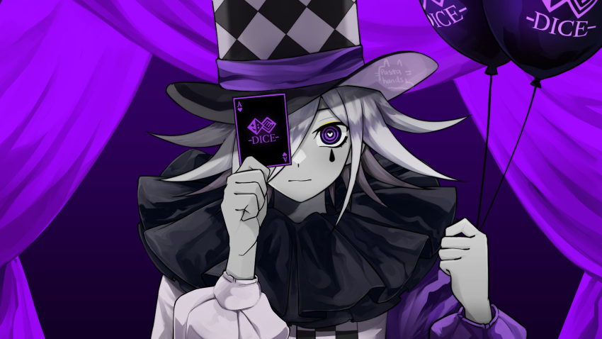 alternate_costume alternate_hair_color artist_logo artist_name balloon bangs card checkered curtains dangan_ronpa_(series) dangan_ronpa_v3:_killing_harmony english_commentary english_text expressionless flipped_hair gradient gradient_background grey_hair hair_over_one_eye hands_up hat heart heart-shaped_pupils highres holding holding_card long_sleeves looking_at_viewer one_eye_covered ouma_kokichi pastahands playing_card puffy_long_sleeves puffy_sleeves purple_background solo symbol-shaped_pupils teardrop_tattoo top_hat upper_body violet_eyes