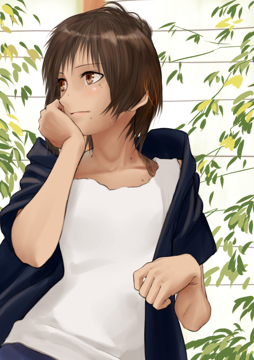1girl absurdres blue_jacket brown_eyes brown_hair closed_mouth highres jacket kirie_kairi looking_to_the_side mole mole_on_cheek mole_on_neck mole_on_nose mole_under_mouth open_clothes open_jacket original shirt short_hair smile solo upper_body white_shirt