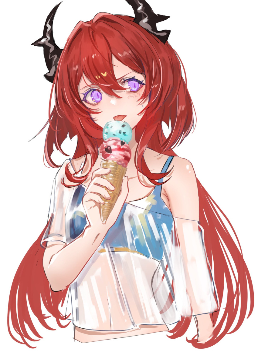 1girl alternate_costume arknights bangs blush demon_girl demon_horns food highres horns ice_cream long_hair nanaponi off_shoulder redhead see-through solo surtr_(arknights) sweatdrop tongue tongue_out violet_eyes