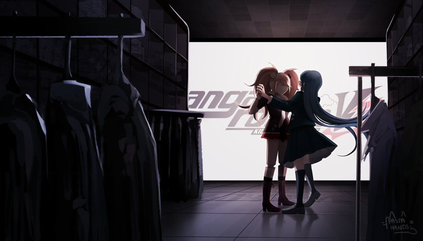 1girl :d absurdres bangs bear_hair_ornament black_footwear black_jacket black_legwear black_skirt blonde_hair boots clothes_removed commentary copyright_name dancing dangan_ronpa:_trigger_happy_havoc dangan_ronpa_(series) dangan_ronpa_v3:_killing_harmony enoshima_junko from_side glasses hair_ornament highres indoors jacket knee_boots long_hair long_sleeves monitor open_mouth pastahands puppet red_nails screen_light shirogane_tsumugi skirt smile solo standing tile_floor tiles