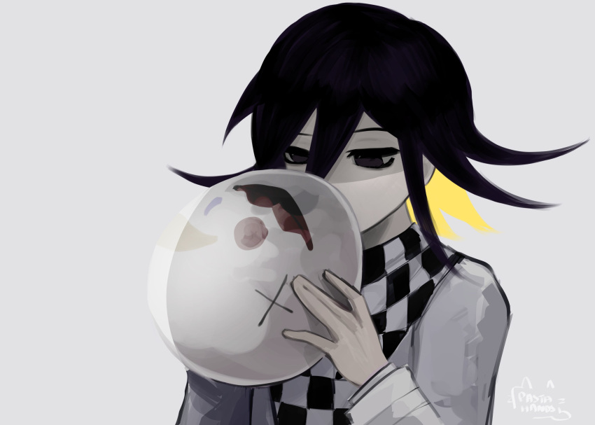 1boy alternate_hair_color bangs black_eyes black_hair blonde_hair checkered checkered_scarf dangan_ronpa_(series) dangan_ronpa_v3:_killing_harmony grey_background grey_jacket hair_between_eyes hands_up highres holding holding_mask jacket long_sleeves male_focus mask multicolored_hair ouma_kokichi pastahands scarf short_hair simple_background solo symbol_commentary two-tone_hair upper_body
